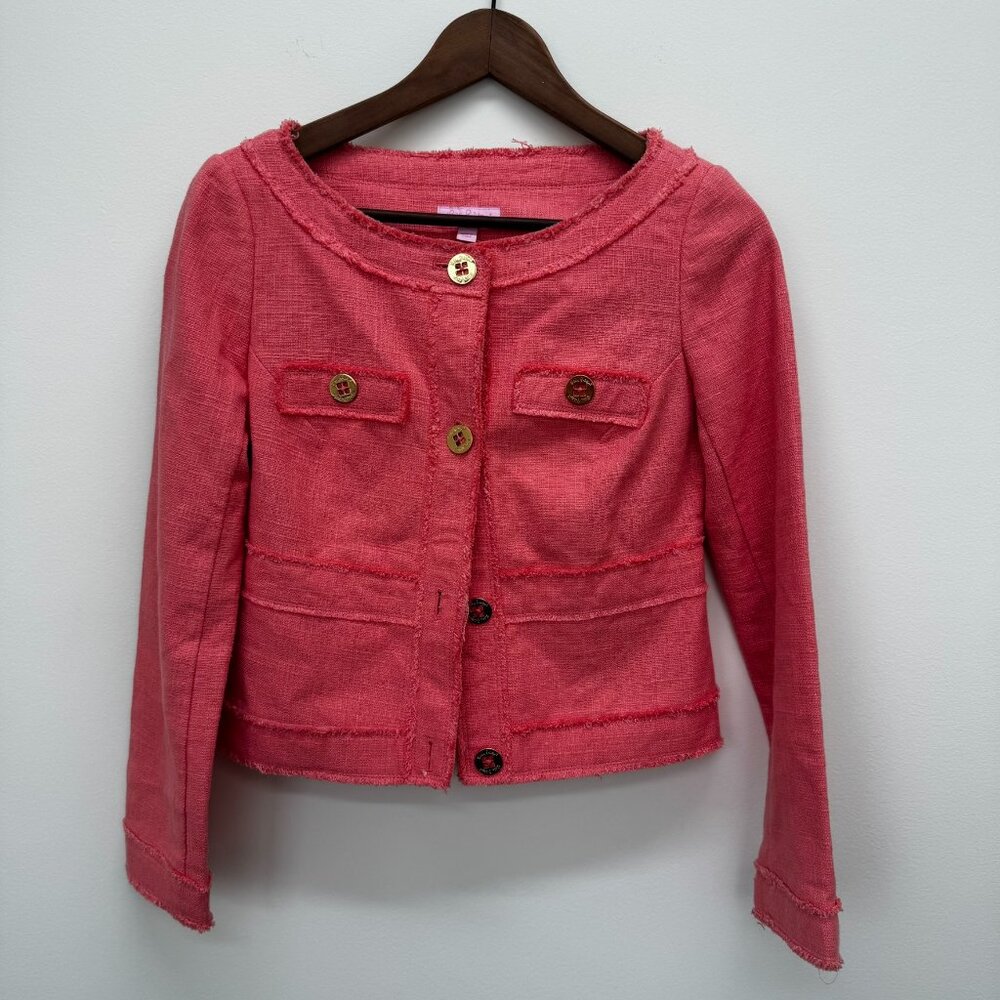 Lilly Pulitzer Pink Coral Tweed Fitted Office Siren Button Blazer Jacket XS
